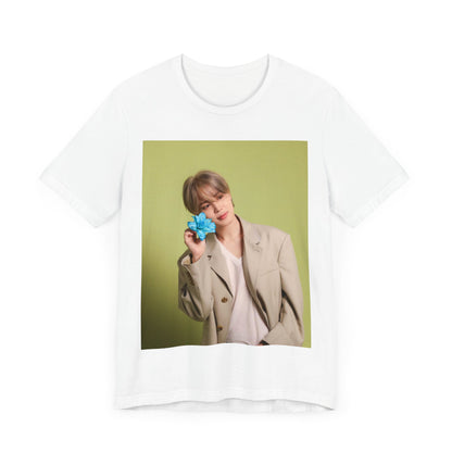 A black graphic t-shirt featuring a vintage K-Pop aesthetic graphic of Jimin.