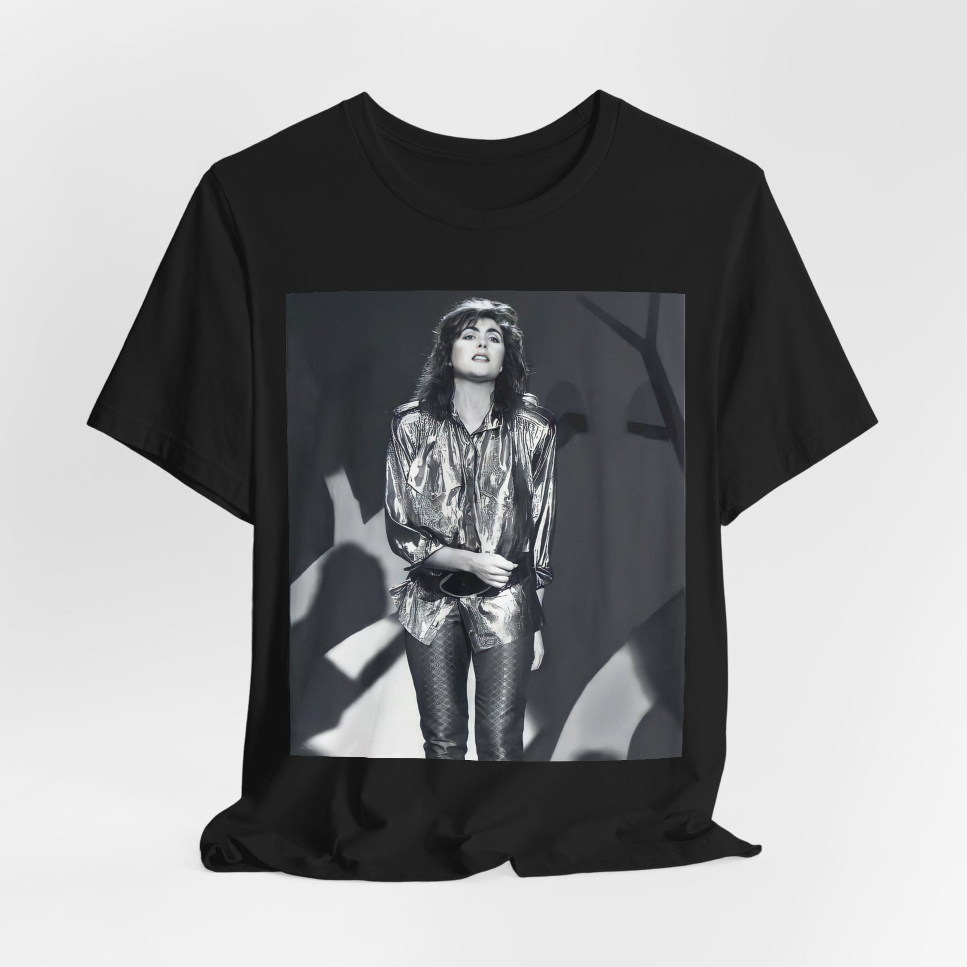 A black graphic t-shirt featuring a graphic of Laura Branigan emphasizing her timeless voice.