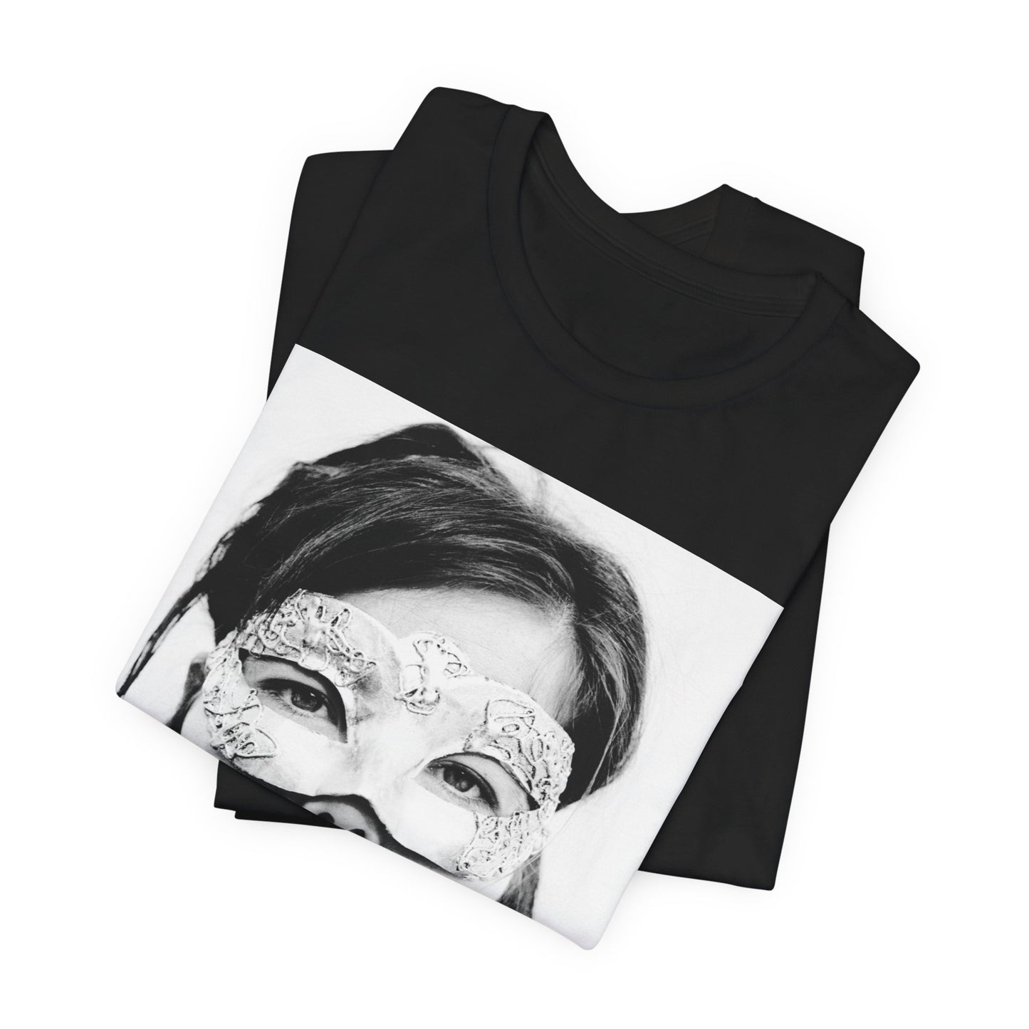 A black graphic t-shirt featuring a black and white portrait photo of Bjork.