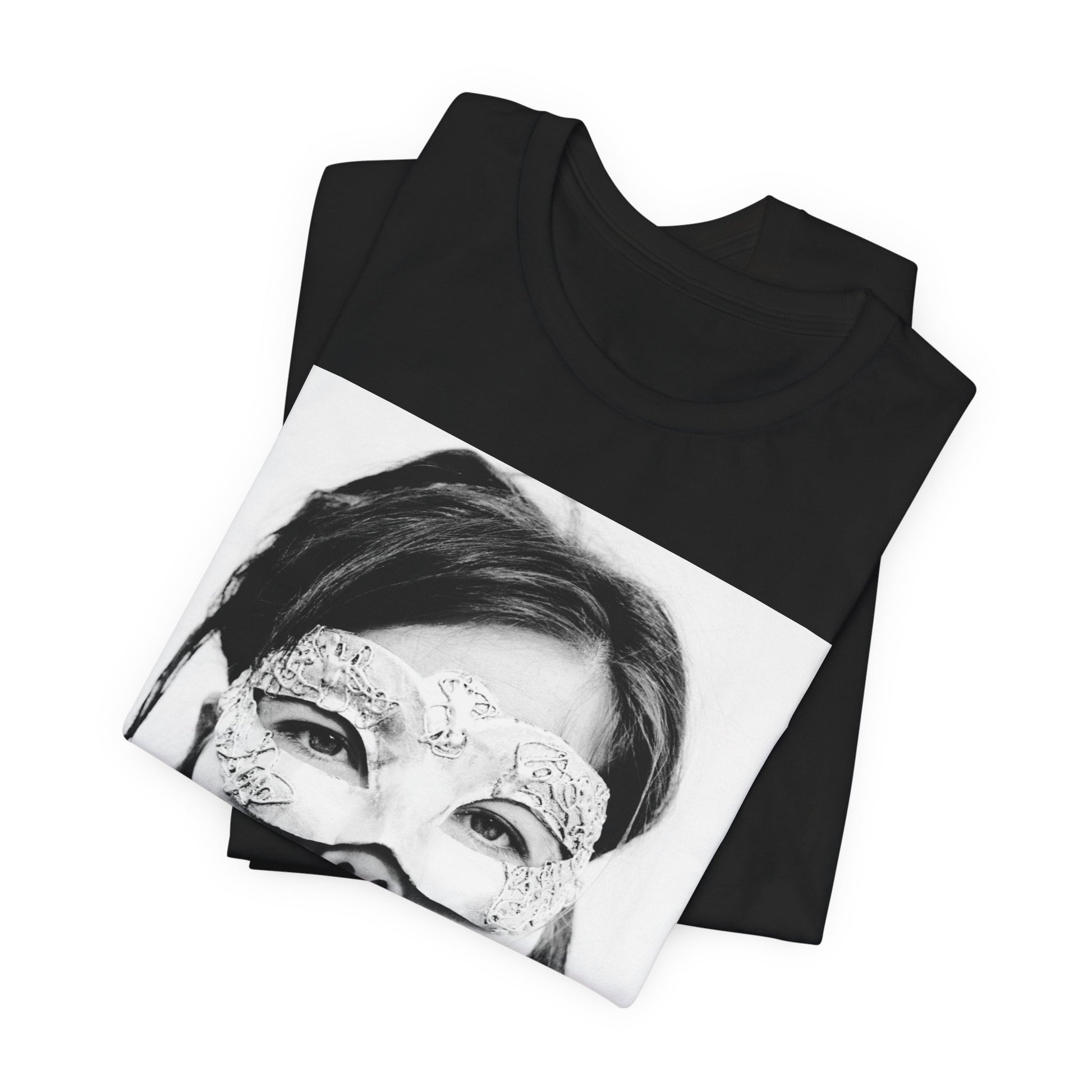 A black graphic t-shirt featuring a black and white portrait photo of Bjork.