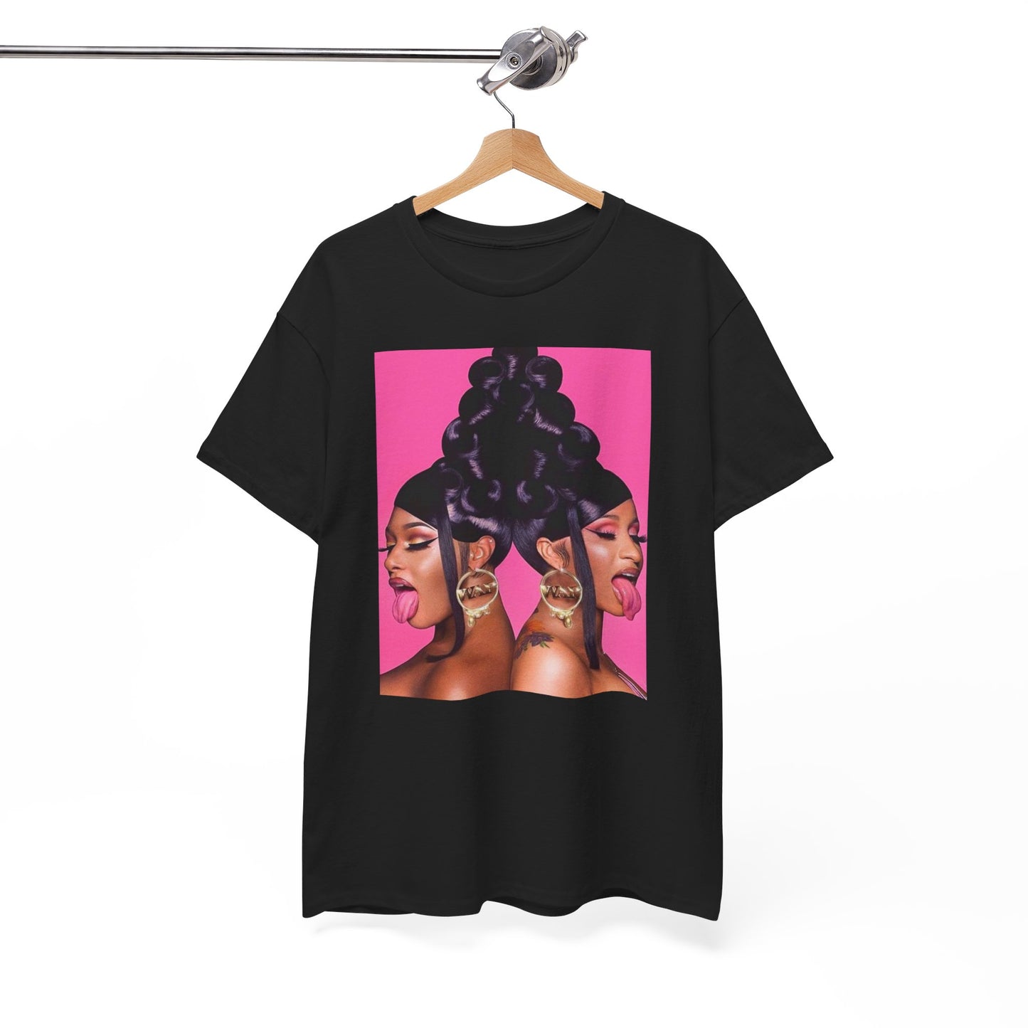 A black graphic t-shirt featuring a graphic of Megan Thee Stallion with rap vibes.