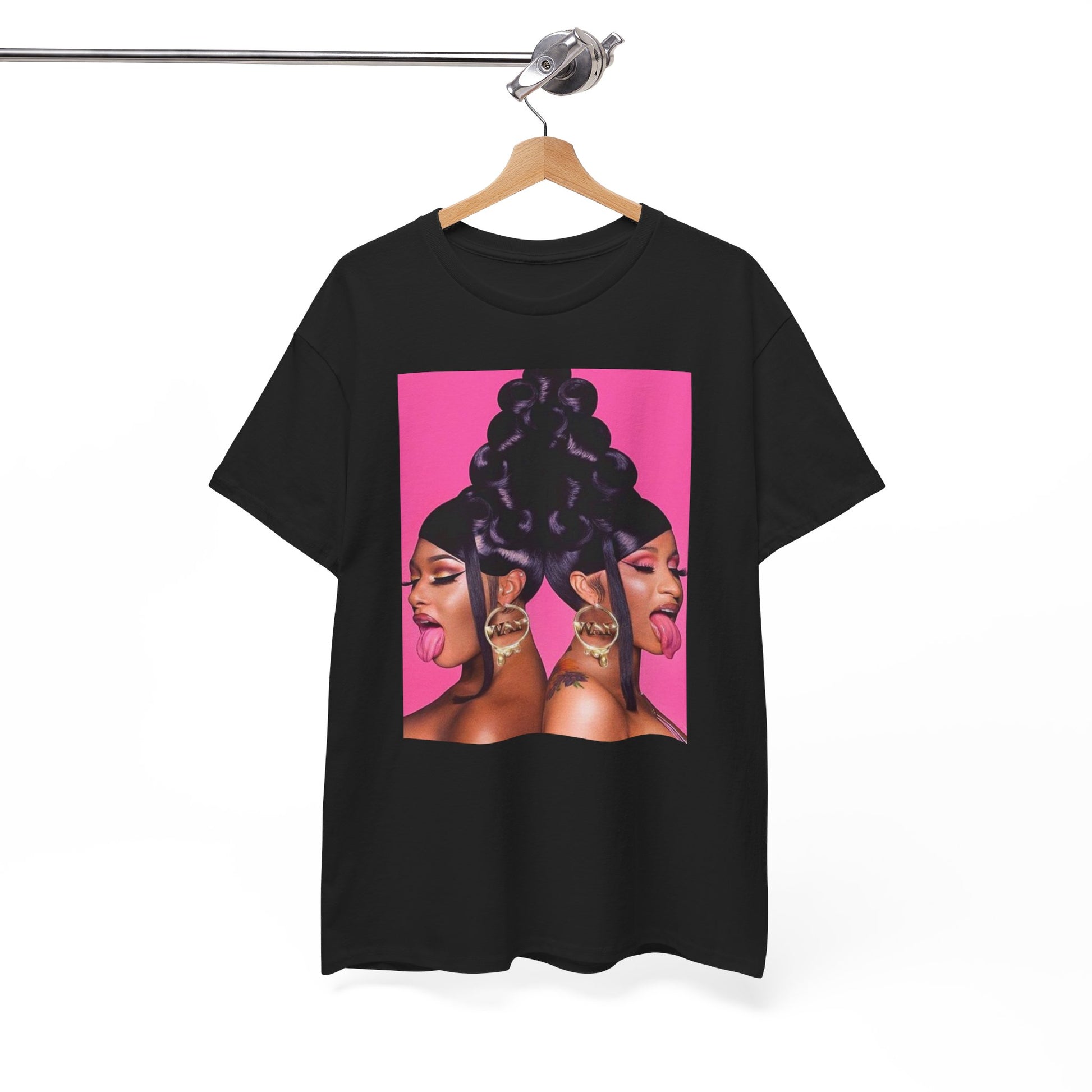 A black graphic t-shirt featuring a graphic of Megan Thee Stallion with rap vibes.