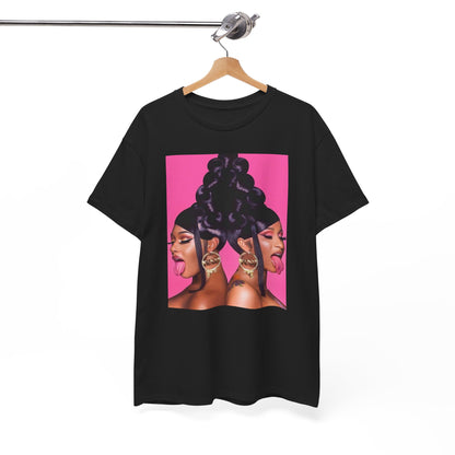 A black graphic t-shirt featuring a graphic of Megan Thee Stallion with rap vibes.