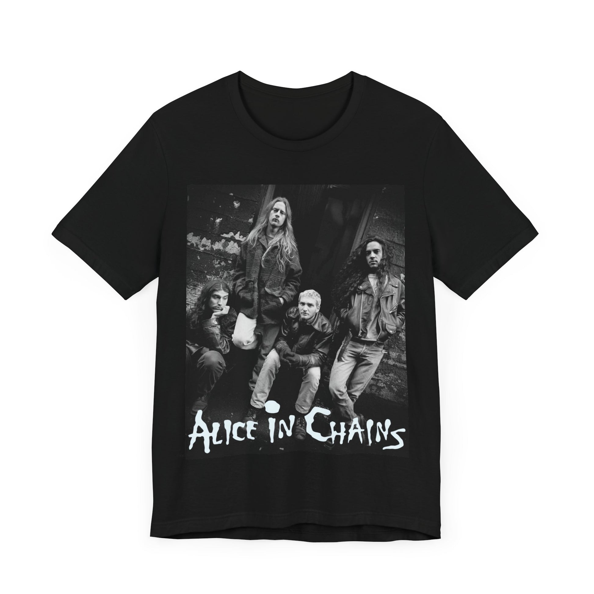 A black graphic t-shirt featuring a 90s black and white photographic portrait of the band Alice In Chains, capturing their iconic grunge look.