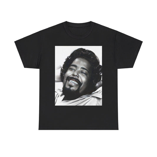 A black graphic t-shirt featuring a 70s-style pop art graphic of Barry White with a relaxed or 'chill' expression.
