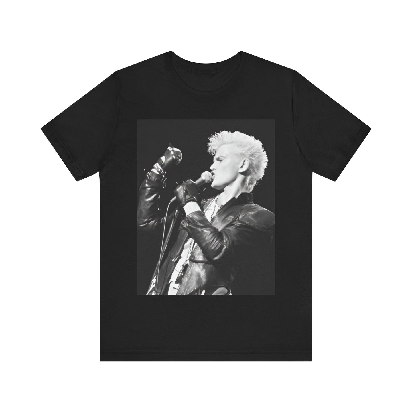 A black graphic t-shirt featuring an iconic 80s black and white concert graphic of Billy Idol performing live on stage.