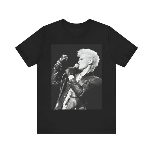 A black graphic t-shirt featuring an iconic 80s black and white concert graphic of Billy Idol performing live on stage.