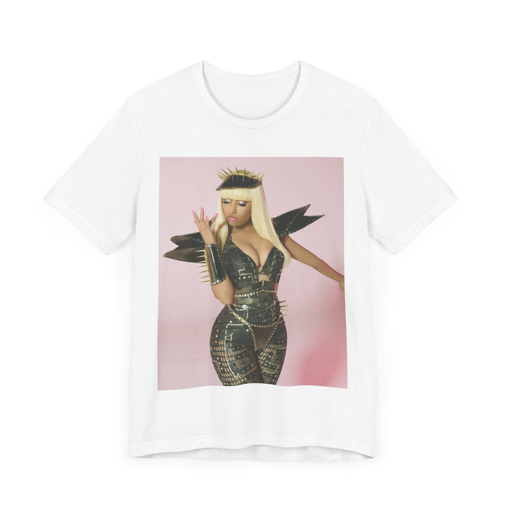 A black graphic t-shirt featuring a high fashion street vibe graphic of Nicki Minaj.