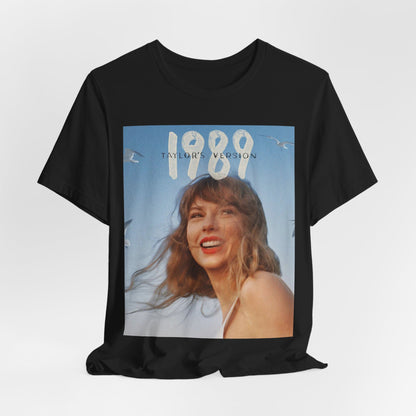 A black graphic t-shirt featuring a graphic related to Taylor Swift's 1989 album.