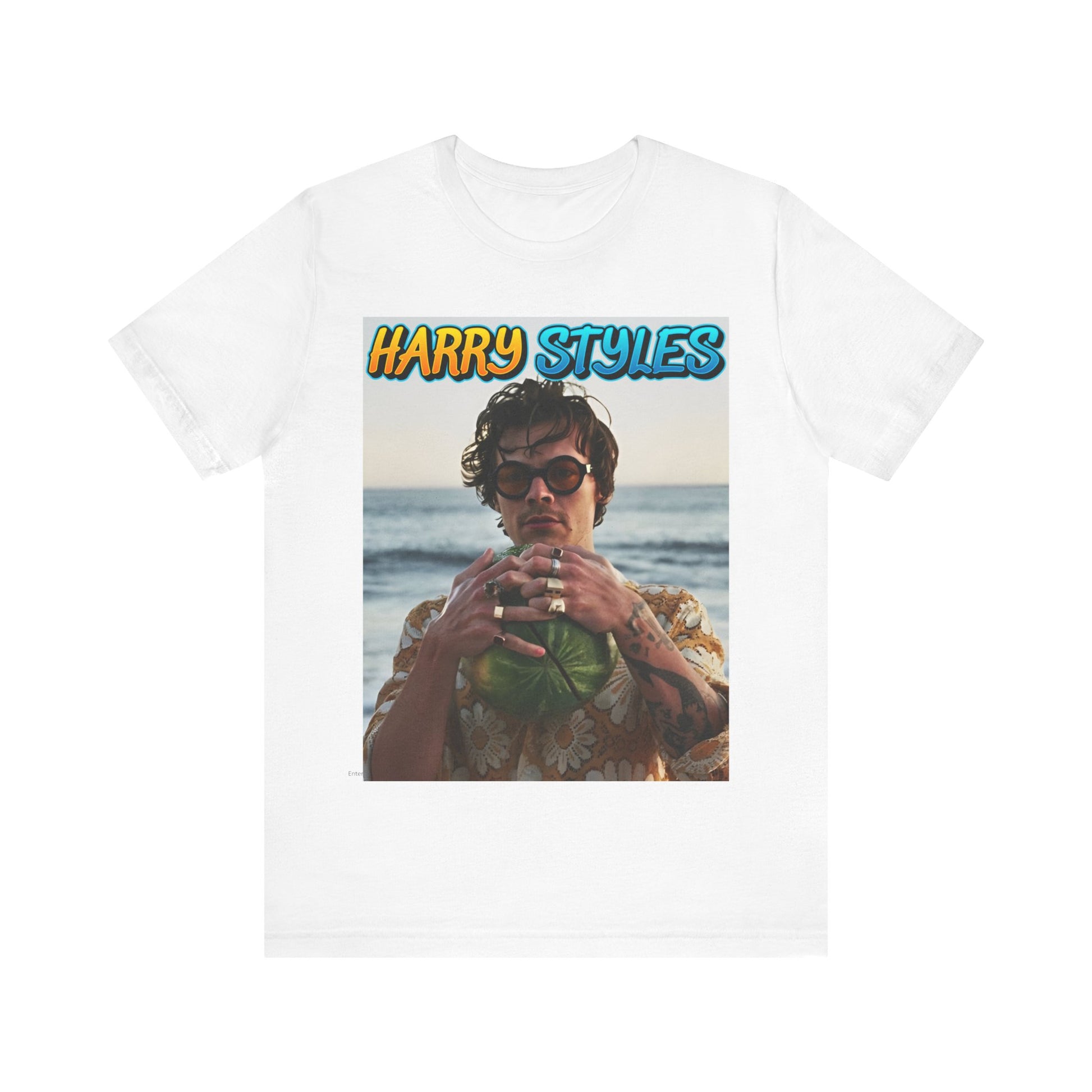 A black graphic t-shirt featuring a graphic related to Harry Styles' 'Watermelon Sugar' song or its viral impact.