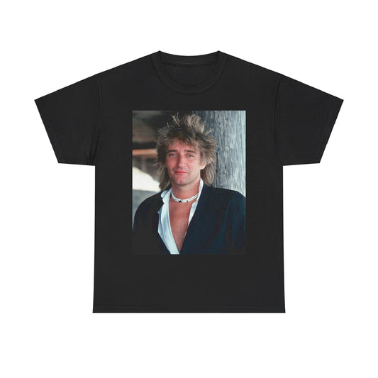 A black graphic t-shirt featuring a graphic of Rod Stewart as a cool British rocker.