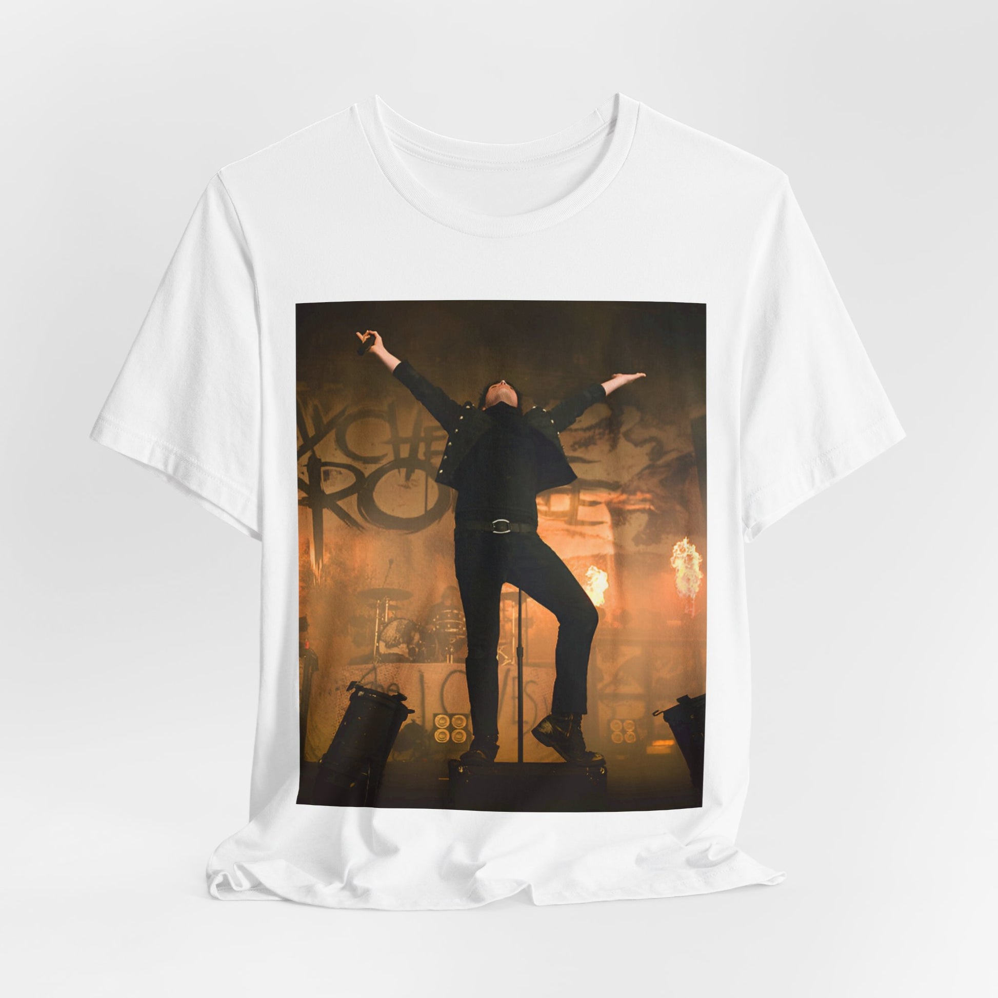 A black graphic t-shirt featuring an on-stage merch graphic of My Chemical Romance.