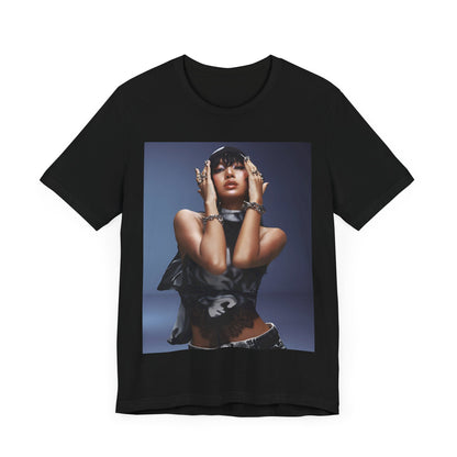 A black graphic t-shirt featuring a bold visual graphic of Lisa from K-Pop.