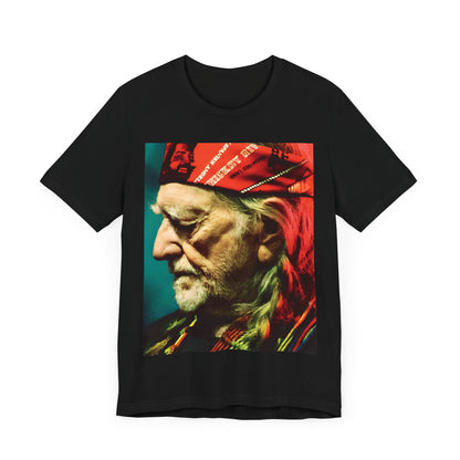 A black graphic t-shirt featuring a graphic related to Willie Nelson's 'Red Headed Stranger' album era.