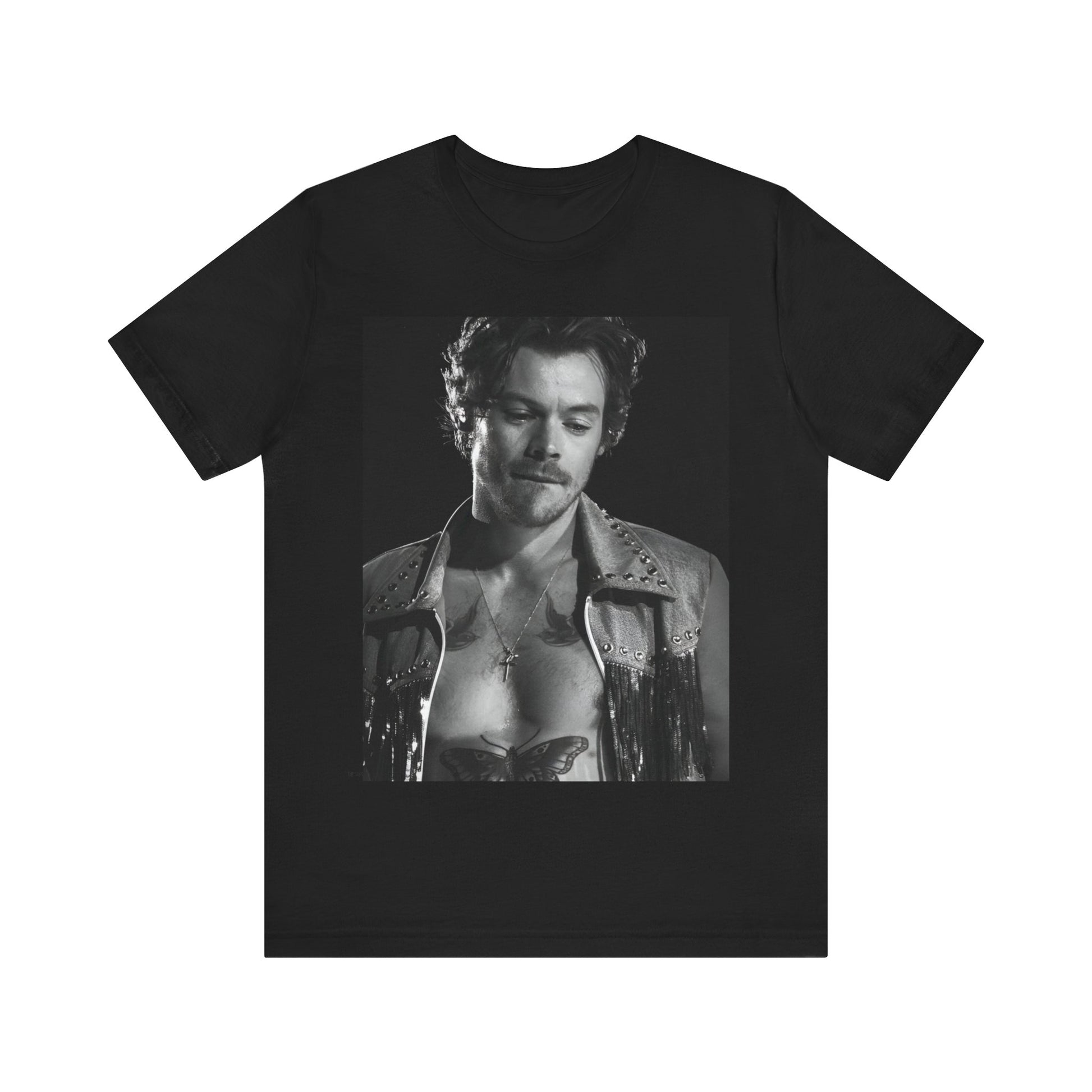 A black graphic t-shirt featuring a black and white graphic inspired by Harry Styles' tattoos.