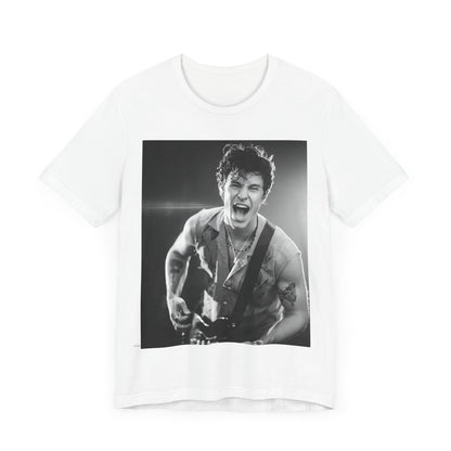 A black graphic t-shirt featuring a black and white photo of Shawn Mendes, emphasizing his charm.