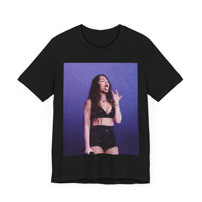 A black graphic t-shirt featuring a vintage alt pop graphic of Olivia Rodrigo.