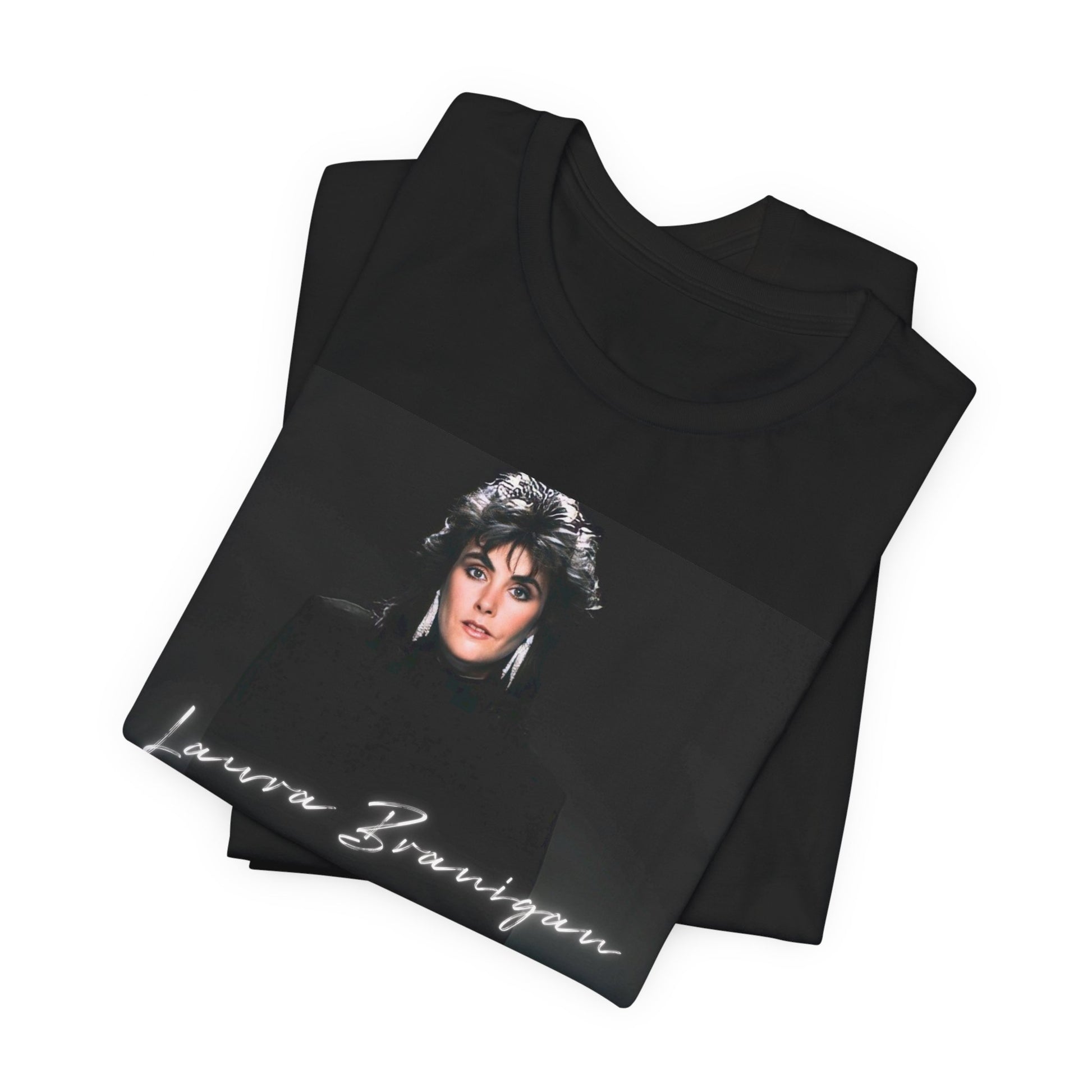 A black graphic t-shirt featuring a graphic of Laura Branigan as an 80s power ballad vocalist.