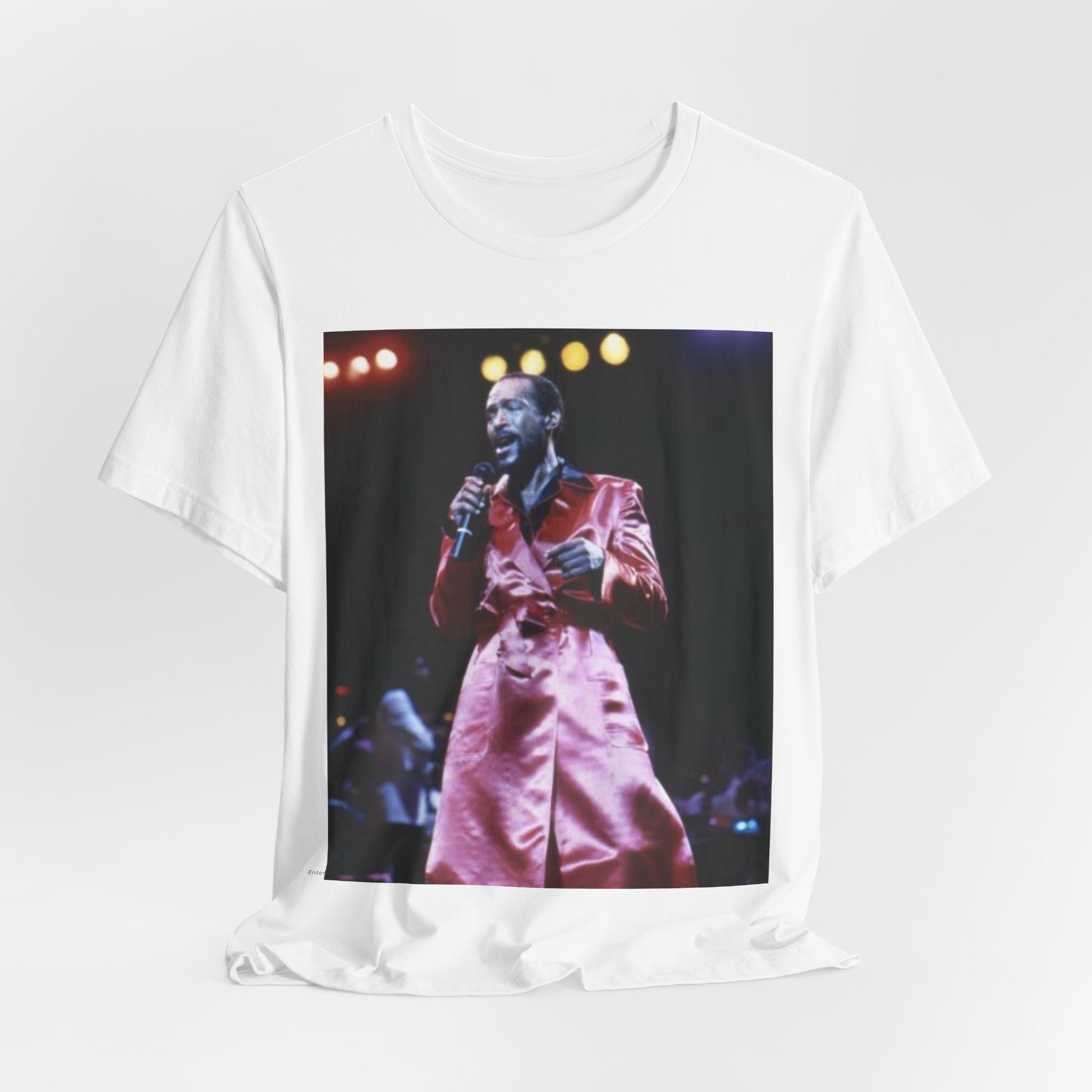 A black graphic t-shirt featuring a vintage graphic or photo of Marvin Gaye performing live.