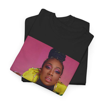 A black graphic t-shirt featuring a graphic of Missy Elliott as the rap queen of innovation.