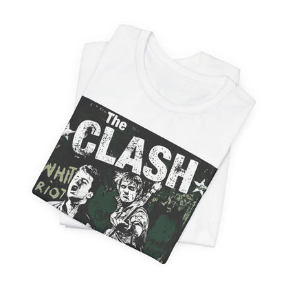 A black graphic t-shirt featuring a graphic related to The Clash's 'White Riot' song.