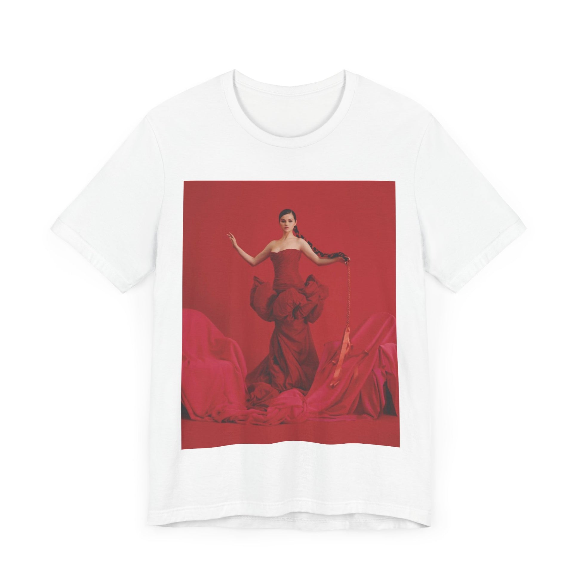 A black graphic t-shirt featuring a glam pop diva graphic of Selena Gomez.