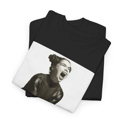 A black graphic t-shirt featuring a 90s black and white graphic of Bjork with a rebellious or edgy pose.