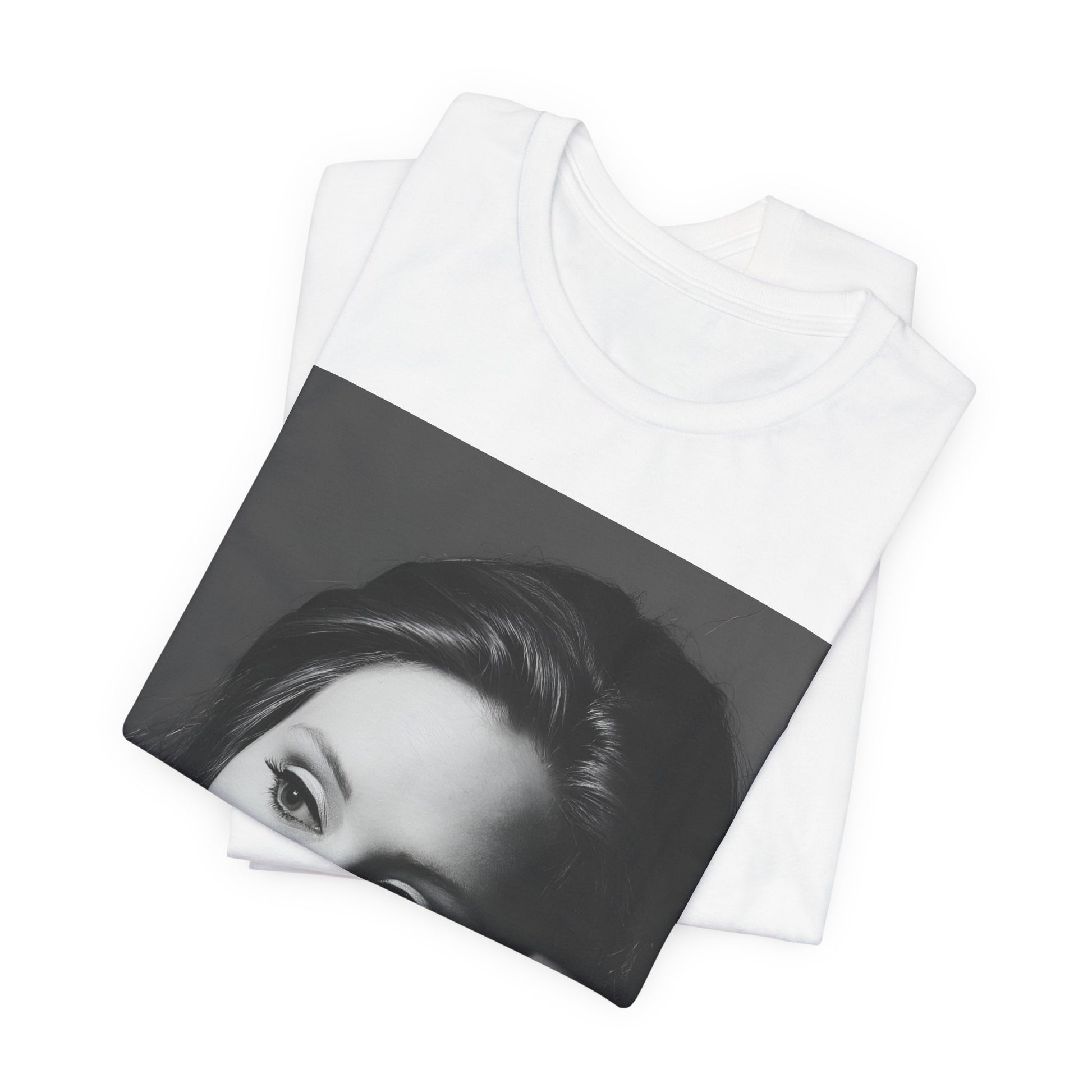A black graphic t-shirt featuring a vintage-style black and white studio portrait of Adele, showing her with a poised and elegant expression.