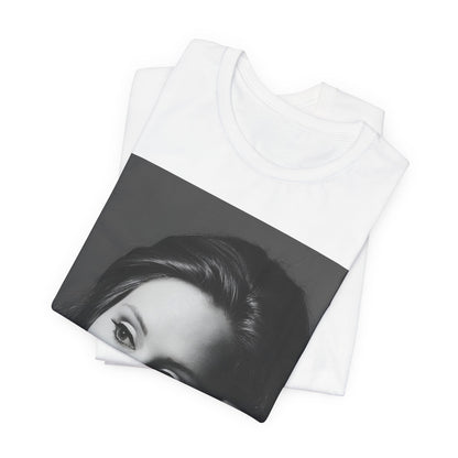 A black graphic t-shirt featuring a vintage-style black and white studio portrait of Adele, showing her with a poised and elegant expression.