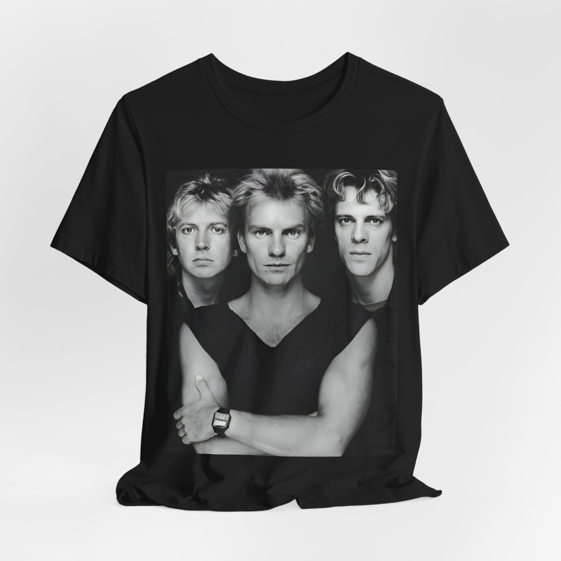 A black graphic t-shirt featuring a graphic related to The Police's 'Every Breath You Take' song or era.