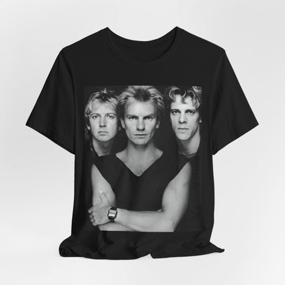 A black graphic t-shirt featuring a graphic related to The Police's 'Every Breath You Take' song or era.