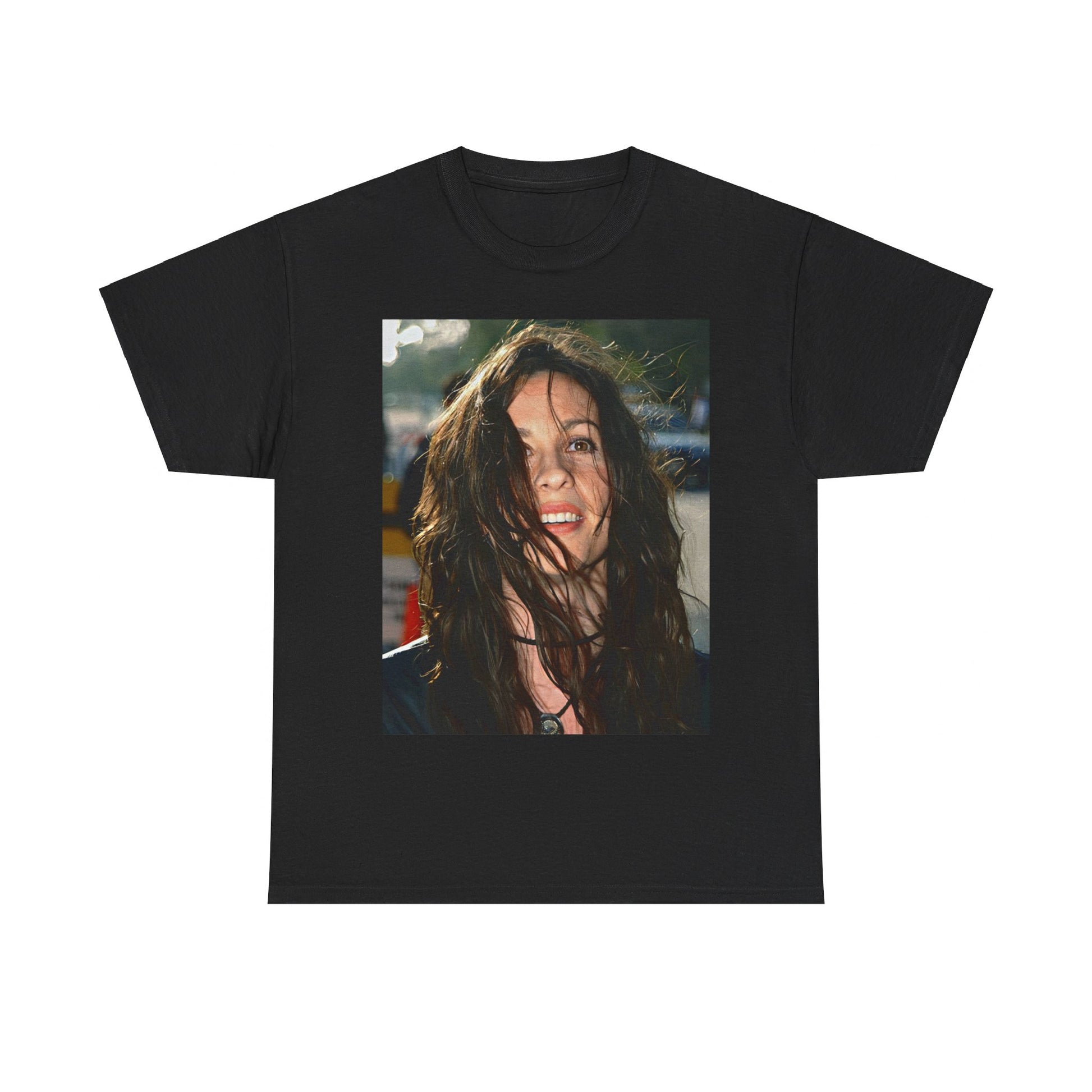 A black graphic t-shirt featuring a stylized graphic of Alanis Morissette from her 90s grunge era, with a raw and intense aesthetic.