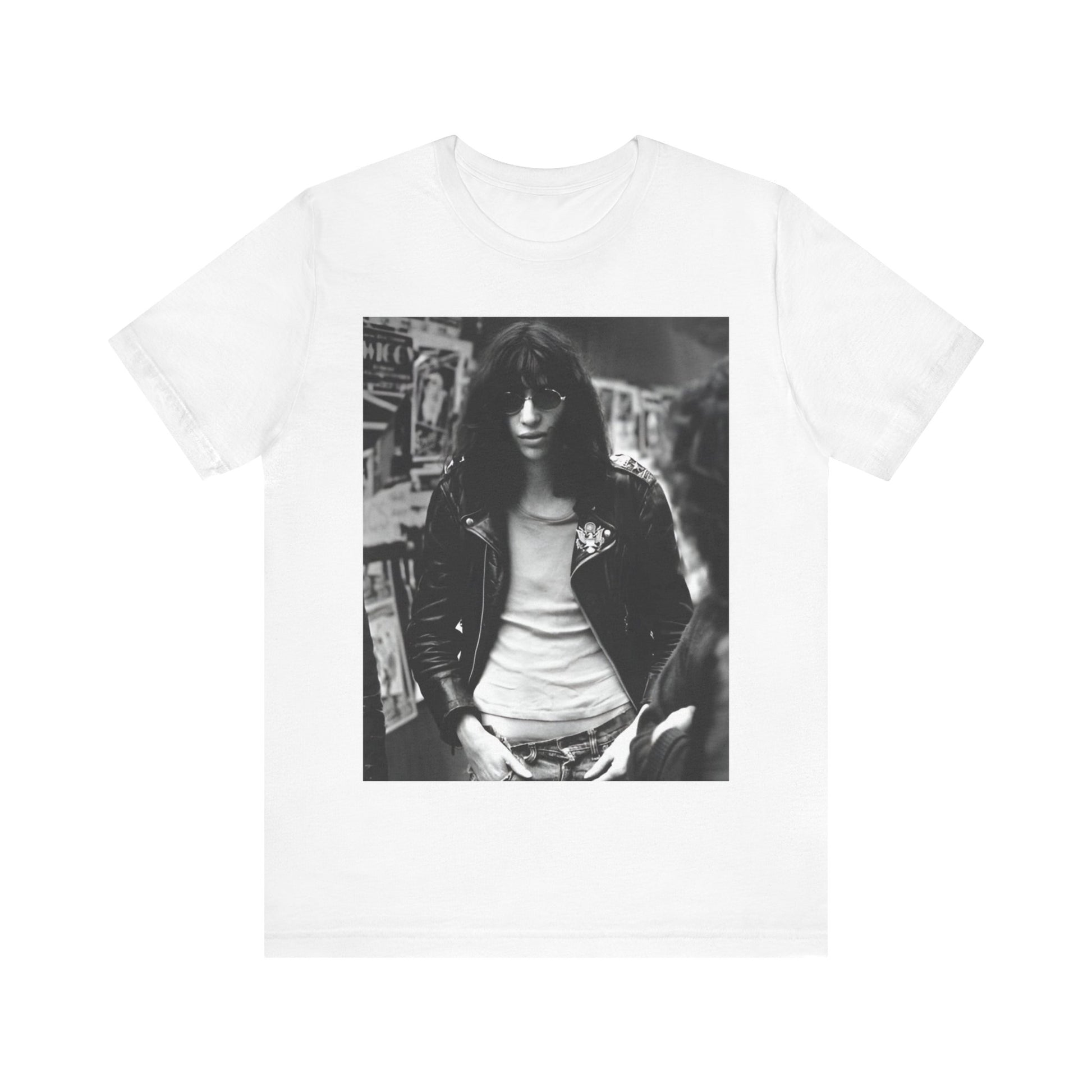 A black graphic t-shirt featuring a 70s black and white photo portrait of Joey Ramone from Ramones.