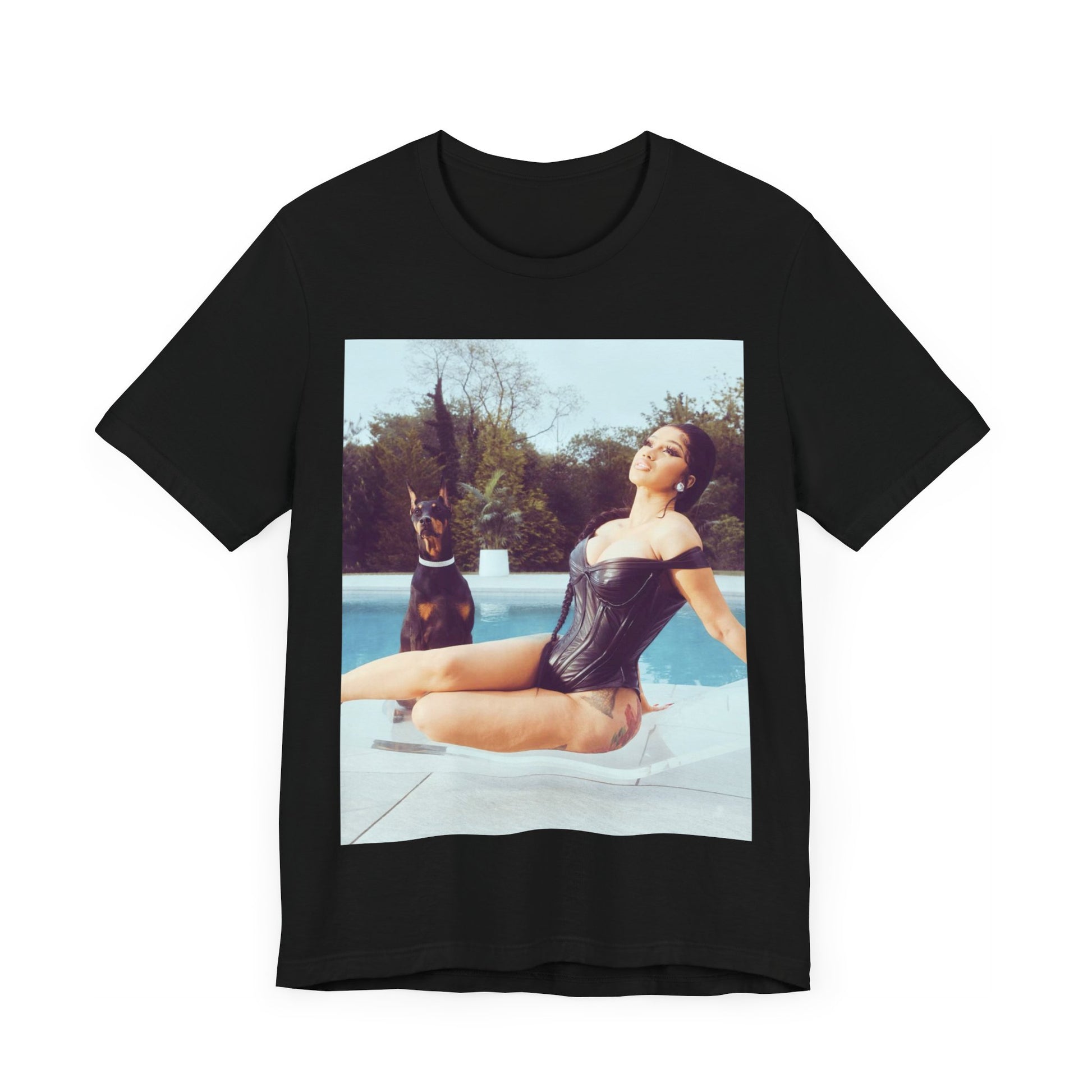 A black graphic t-shirt featuring a graphic related to Cardi B's 'I Like It' song, with bold pop culture elements.