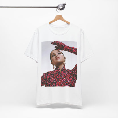 A black graphic t-shirt featuring a classic aesthetic graphic of Selena Gomez.