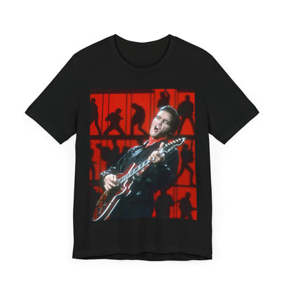 A black graphic t-shirt featuring a vintage photo of Elvis Presley from his Las Vegas residency.