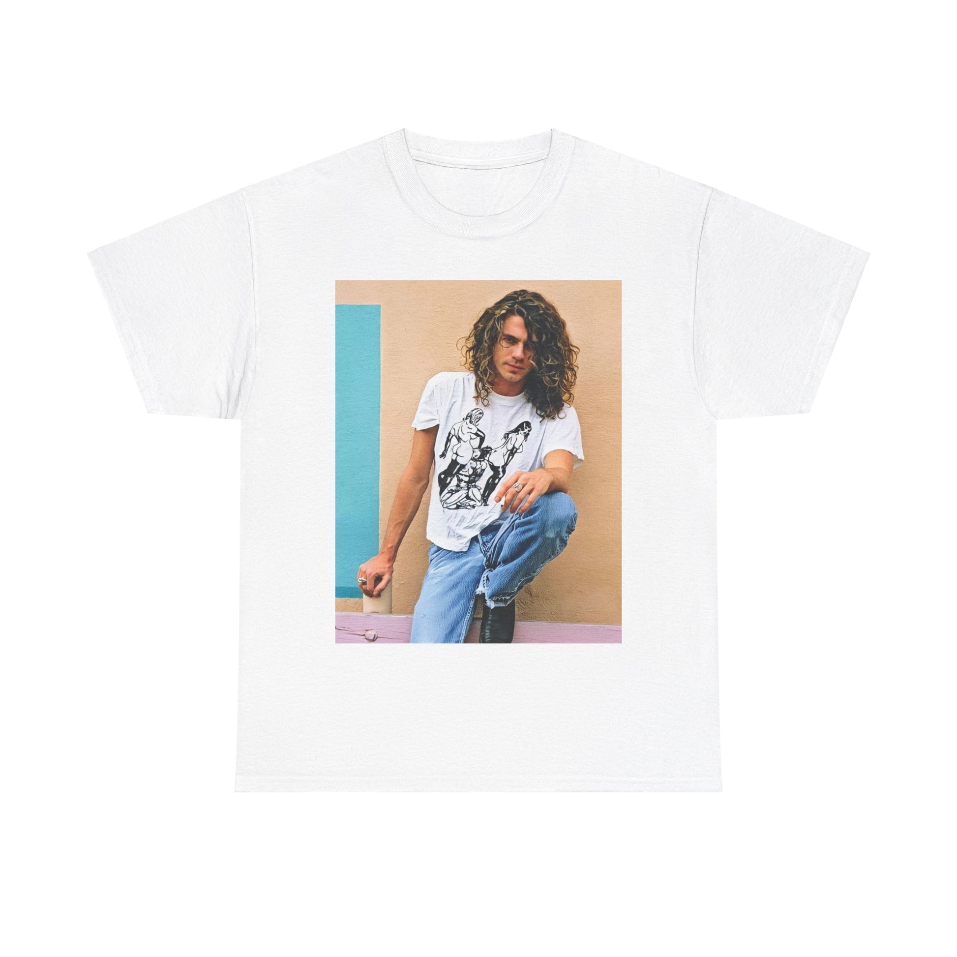 A black graphic t-shirt featuring a 90s chill retro rock graphic of INXS.
