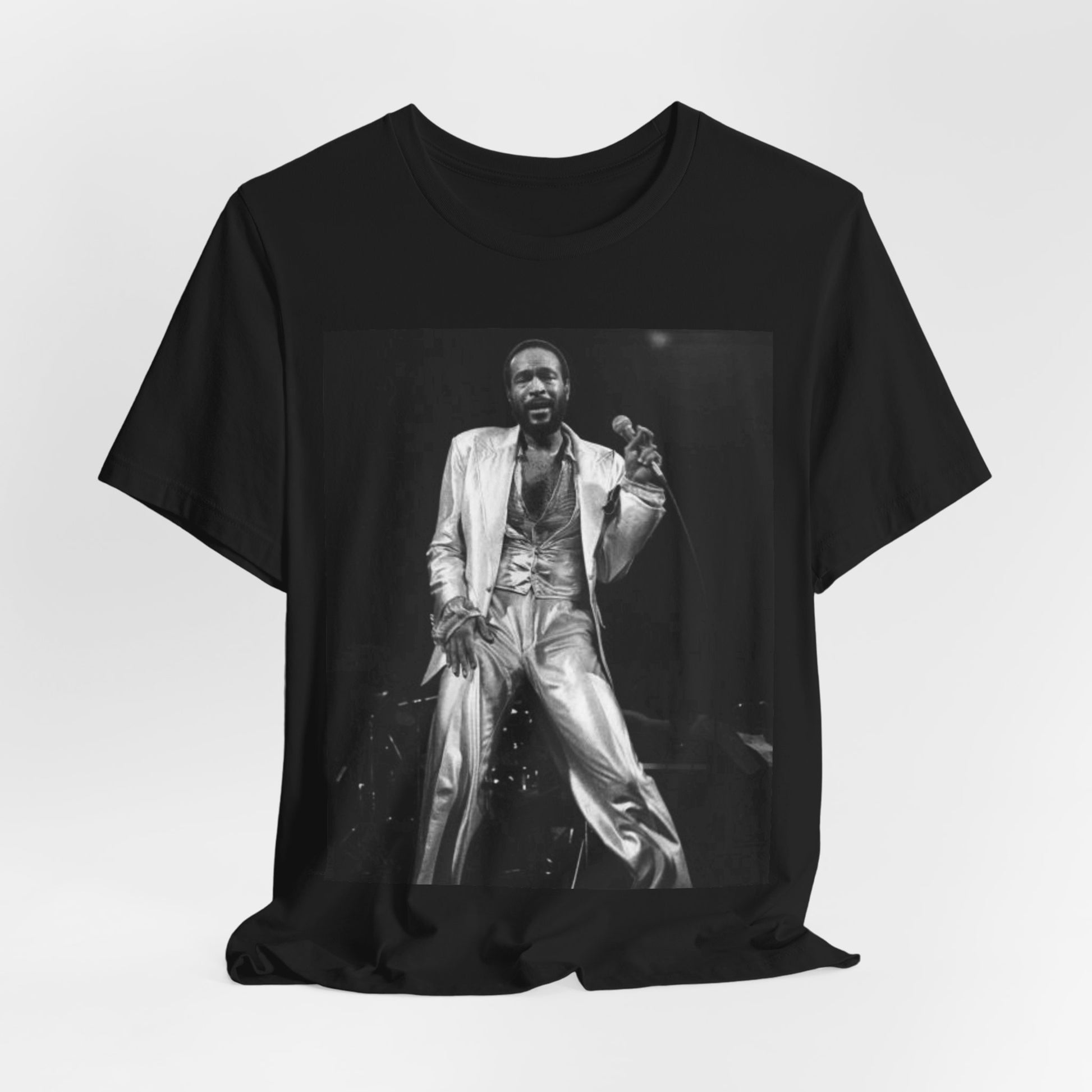 A black graphic t-shirt featuring a live graphic related to Marvin Gaye's 'Sexual Healing' song or era.
