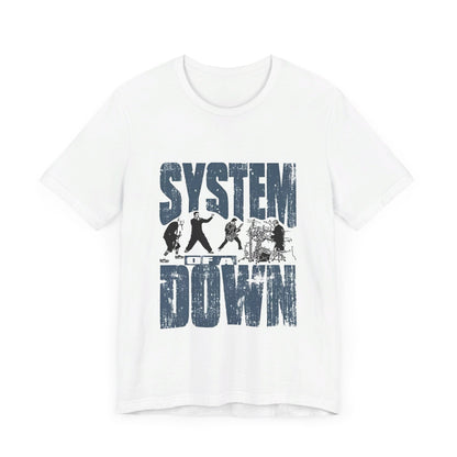A black graphic t-shirt featuring a graphic of System of a Down as nu-metal pioneers.