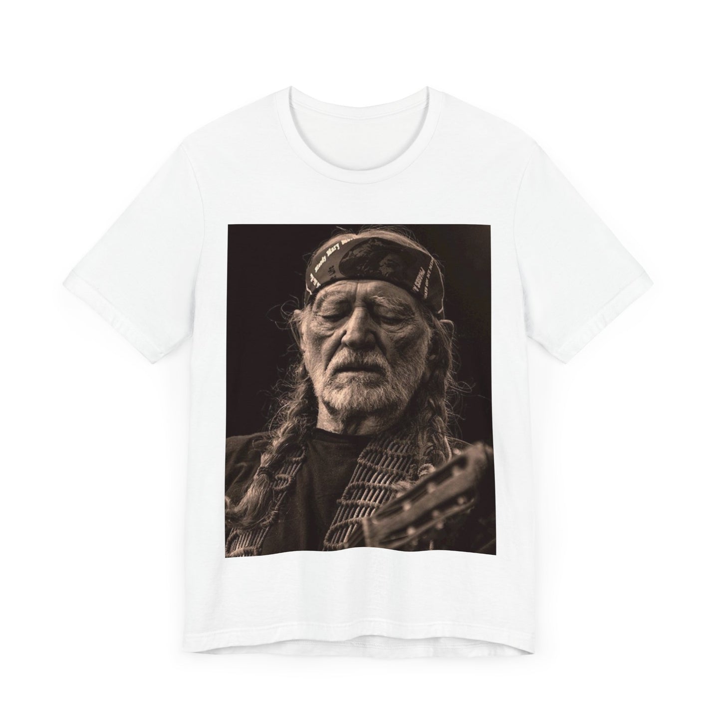 A black graphic t-shirt featuring a graphic of Willie Nelson with his iconic braids style.