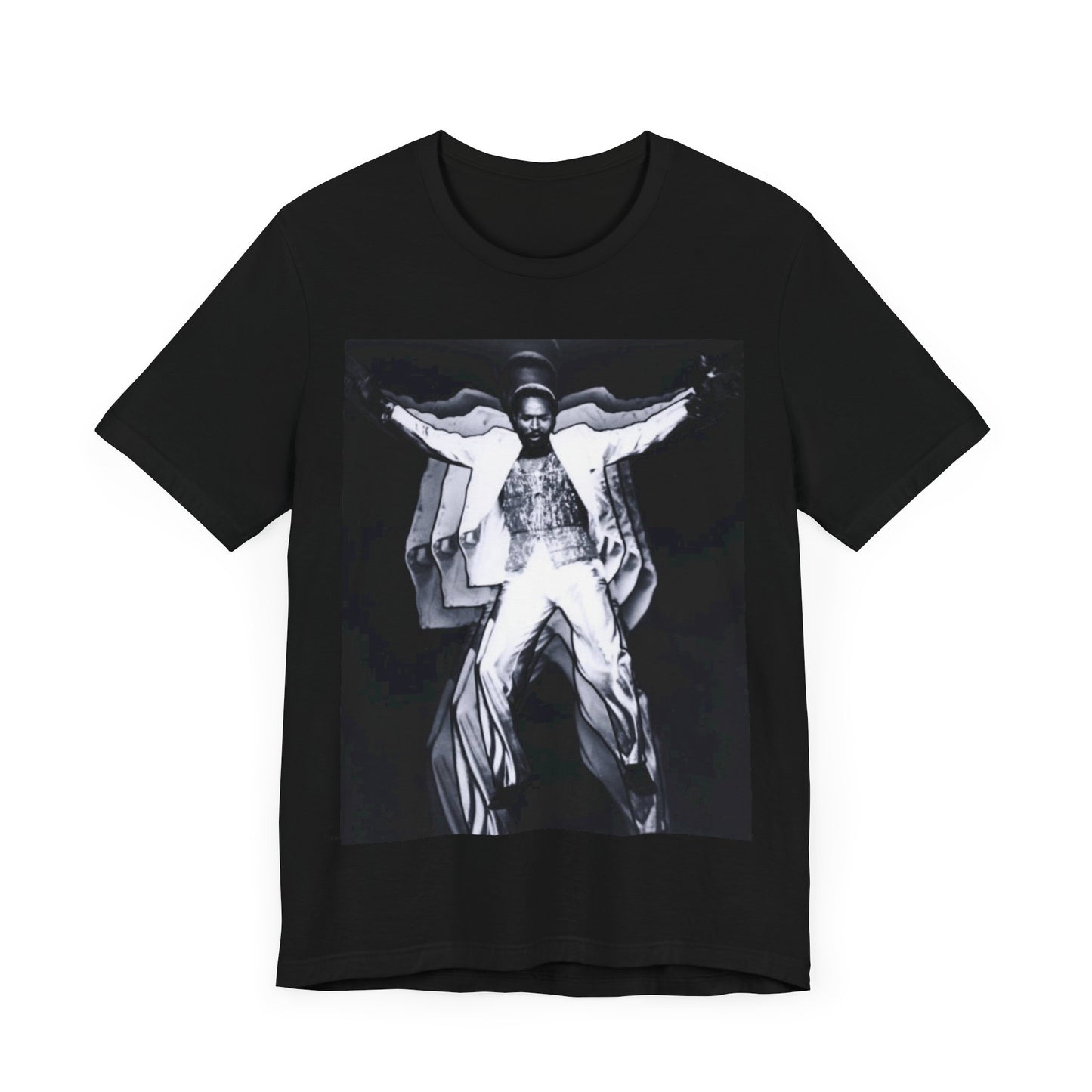 A black graphic t-shirt featuring a 70s aesthetic graphic of Marvin Gaye.