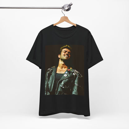 A black graphic t-shirt featuring a graphic related to George Michael's 'Careless Whisper' song or era.