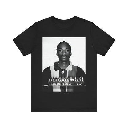 A black graphic t-shirt featuring a graphic of Snoop Dogg's mug shot.