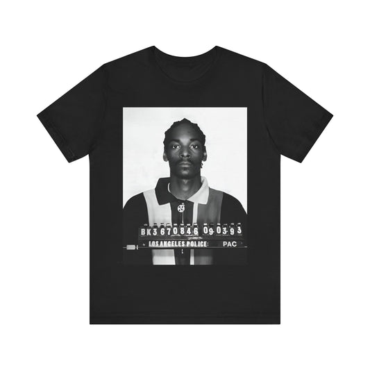 A black graphic t-shirt featuring a graphic of Snoop Dogg's mug shot.