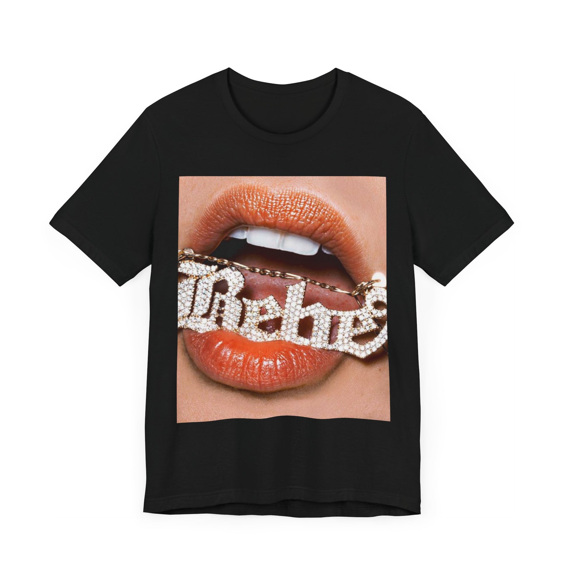 A black graphic t-shirt featuring a retro-style graphic inspired by Bebe Rexha's album art.