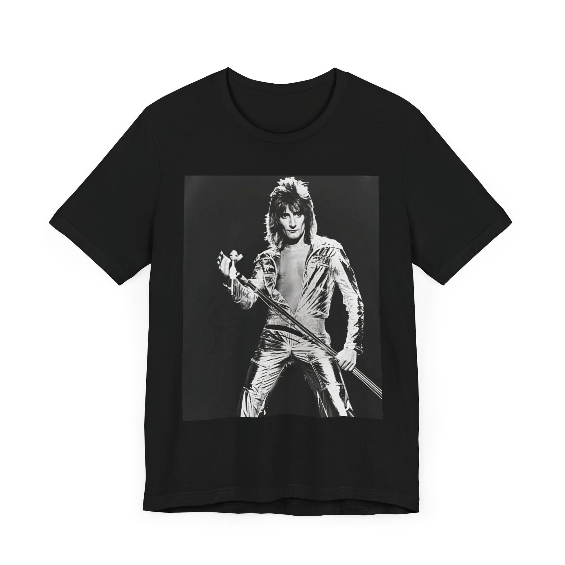 A black graphic t-shirt featuring a 70s black and white monochrome graphic or photo of Rod Stewart.