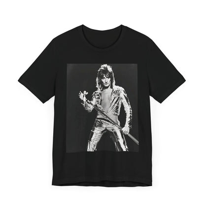 A black graphic t-shirt featuring a 70s black and white monochrome graphic or photo of Rod Stewart.