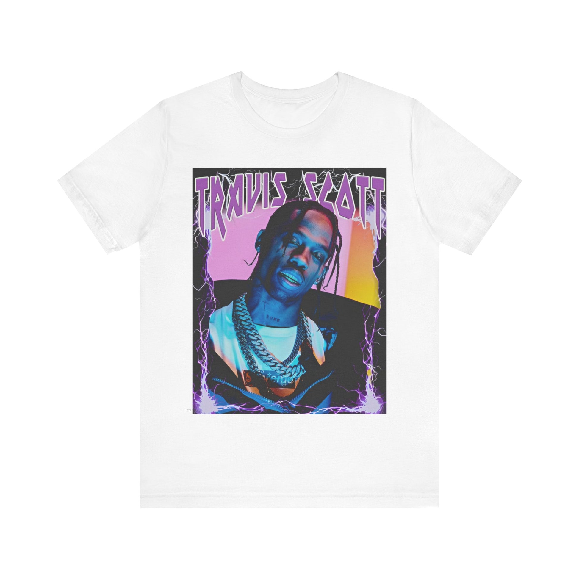 A black graphic t-shirt featuring a retro bootleg graphic of Travis Scott.
