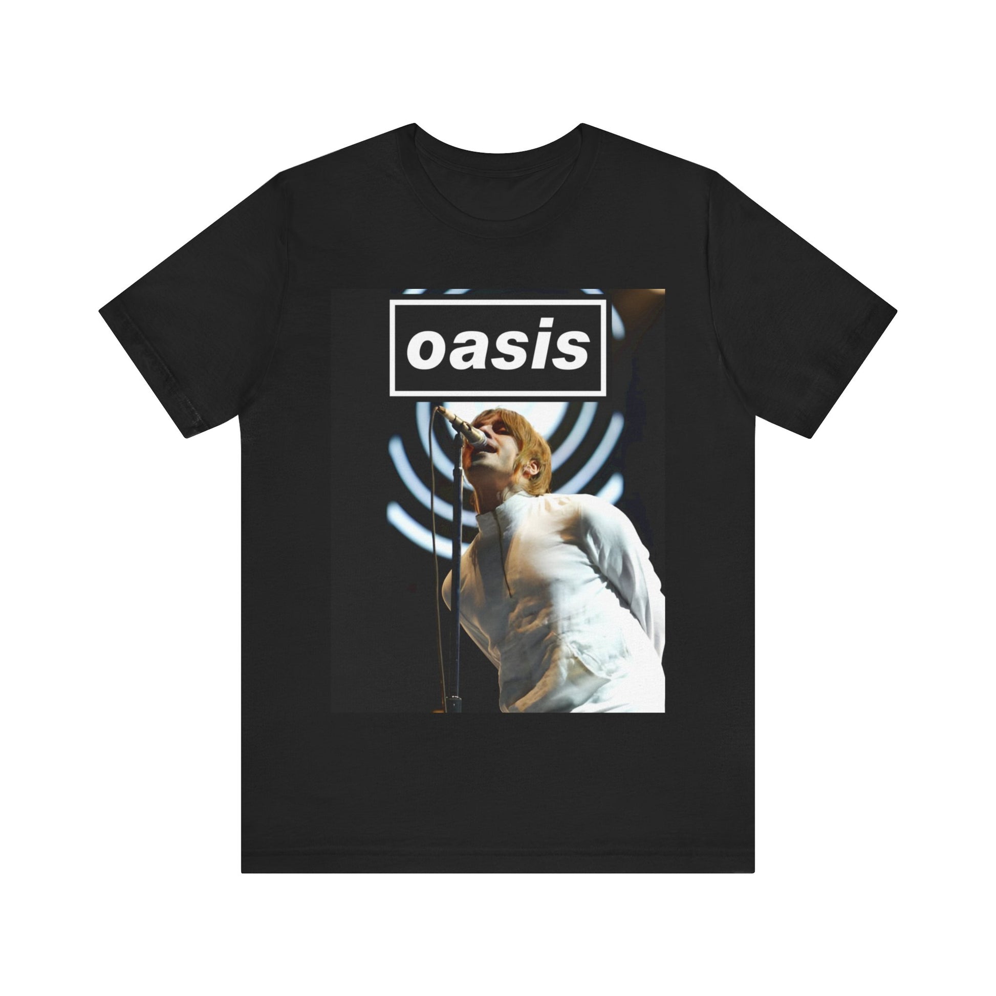 A black graphic t-shirt featuring a graphic or photo of Oasis performing live.