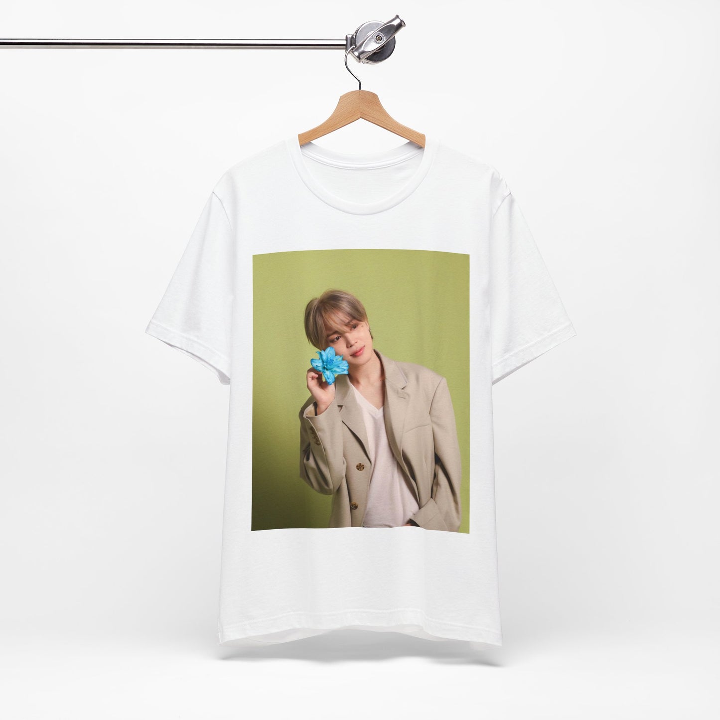 A black graphic t-shirt featuring a vintage K-Pop aesthetic graphic of Jimin.